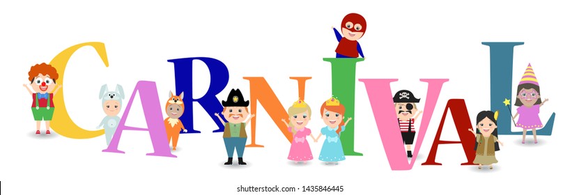 Carnival. Festive background with kids in different costumes. Vector cartoon