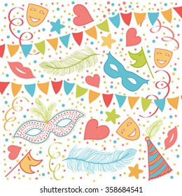 Carnival Festive background with Masks, Heart Shapes, Ribbons, COnfetti, Hats, Feathers, Stars and more.