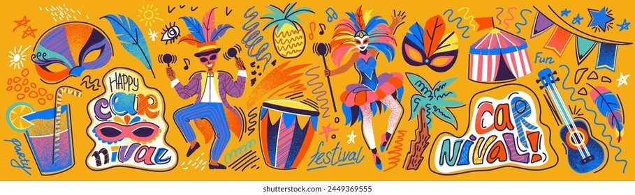 Carnival festive banner. Element dance and music party, background Brazil. Fun fair, Brazilian art, abstract Latin, summer, happy men and women, Mexico mask, drum and guitar. Vector event cartoon set