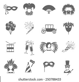 Carnival  festive face masks black icons set with feathers fan and magic wand abstract vector isolated illustration