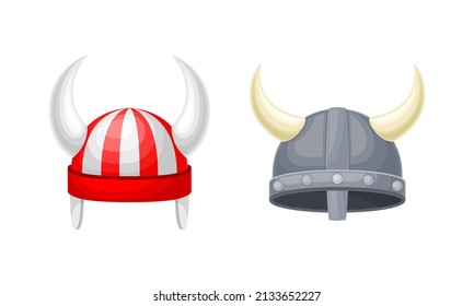 Carnival festive funky headgears set. Horned viking hats cartoon vector illustration