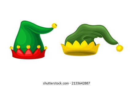 Carnival festive headgears set. Christmas elf caps cartoon vector illustration