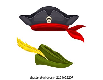 Carnival festive headgears set. Robin Hood and pirate hats cartoon vector illustration