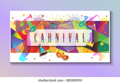 Carnival festive poster Rio Festa Junina. Musicians, Bright confetti, fireworks, masquerade symbols, abstract colorful sign. Brazilian carnival, Venetian carnival, Mardi Gras parade 2023 invitation