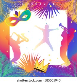 Carnival festive poster vector illustration. Bright confetti, fireworks, masquerade symbols, abstract palm, happy people background. Rio de Janeiro Brazil, Barranquilla Carnival, Germany, Venice Italy