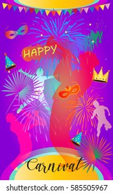 Carnival festive poster vector invitation. Musicians, Dance, people, Happy kids dancing, Bright confetti, fireworks, symbols. Rio 2023 Brazilian carnival, Venetian carnival, Music festival Decoration