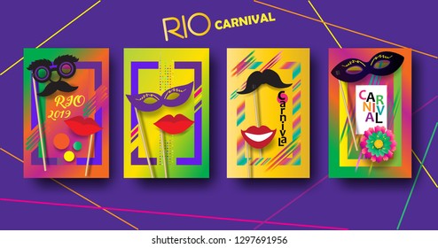 Carnival festive posters set. Musicians, Bright confetti fireworks, masquerade symbols, Festival abstract colorful background. Brazilian carnival, Venetian carnival, Mardi Gras parade, Samba wallpaper