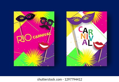 Carnival festive posters set. Musicians Bright confetti fireworks masquerade symbols Festival abstract colorful background Rio Brazilian carnival, Venetian carnival, Mardi Gras parade Samba New Orlean