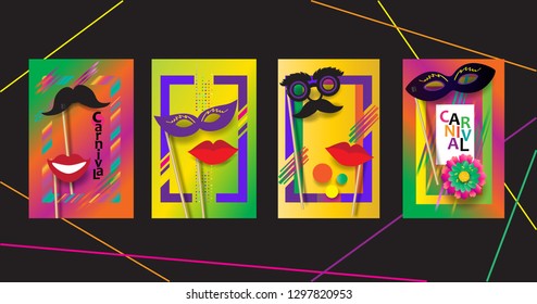 Carnival festive posters set. Musicians, confetti fireworks, mask masquerade symbols. Festival abstract colorful geometric banner. Brazilian carnival, Venetian carnival, Mardi Gras parade, Samba frame