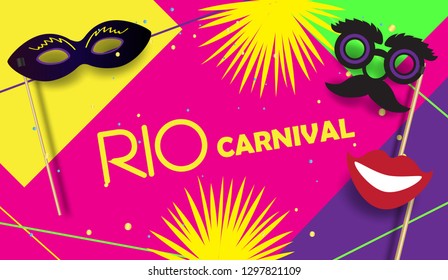 Carnival festive posters set. Musicians, confetti fireworks, mask masquerade symbols. Festival abstract colorful geometric banner. Brazilian carnival, Venetian carnival, Mardi Gras parade, Samba frame