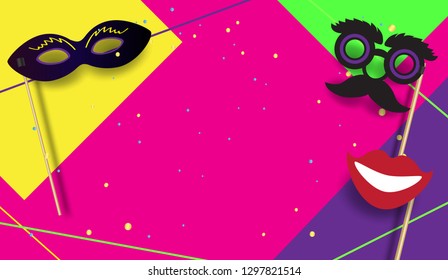 Carnival festive posters set. Musicians, confetti fireworks, mask masquerade symbols. Festival abstract colorful geometric banner. Brazilian carnival, Venetian carnival, Mardi Gras parade, Samba frame