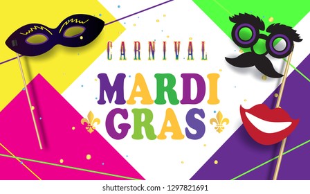 Carnival festive posters set. Musicians, confetti fireworks, mask masquerade symbols. Festival abstract colorful geometric banner. Brazilian carnival, Venetian carnival, Mardi Gras parade, Samba frame