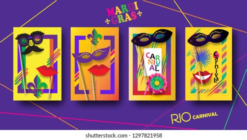 Carnival festive posters set. Musicians, Bright confetti fireworks, masquerade symbols, Festival abstract colorful background. Brazilian carnival, Venetian carnival, Mardi Gras parade, Samba wallpaper