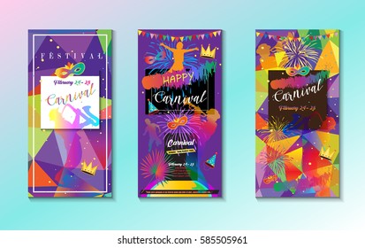 Carnival festive posters set. Musicians, Bright confetti fireworks, masquerade symbols, Festival abstract color background. Rio Brazilian carnival, Venetian carnival, Mardi Gras parade Samba wallpaper