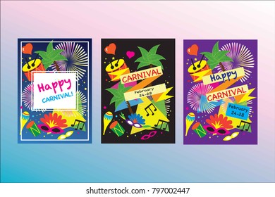 Carnival festive posters vector set. ifireworks, masquerade symbols, Festival abstract colorful background. Brazilian carnival, Venetian carnival, Mardi Gras parade wallpaper