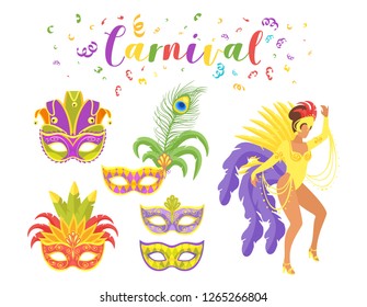 Carnival festive set of masquerade mask and silhouette of woman dancer. Vector illustration on white background.