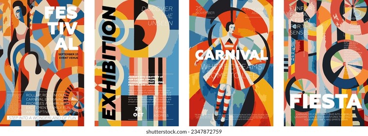 Carnival and Fiesta creative retro art poster set. Festival and Exhibition vintage typography print design collection. Placard with promo text on colorful abstract pattern. Modern trendy vector cover