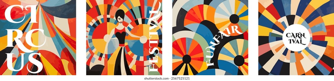 Carnival and Fiesta creative retro art square banner set. Festival and Funfair vintage typography print design collection. Holiday promo flyer with colorful abstract pattern. Modern trendy cover