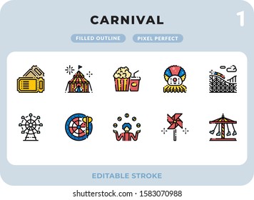 Carnival Filled Icons Pack for UI. Editable Stroke. Pixel perfect thin line vector icon set for web design and website application.
