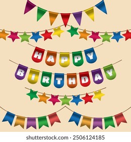 Carnival flags vector colorful collection. Happy birthday flags. Birthday party card elements. Celebration cards deciration rainbow colors.