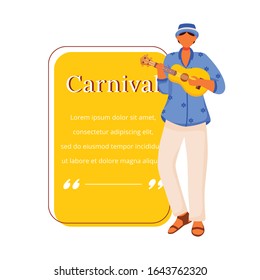 Carnival flat color vector character quote. Traditional musician. Standing male playing on ukulele. Ethnic festival. Citation blank frame template. Speech bubble. Quotation empty text box design
