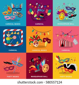 Carnival flat design set,vector illustration.Masquerade ball concept,photo booth party and funfair.Collection of color mask,smiling lips and confetti.For poster,placard,wallpaper,backdrop and web site