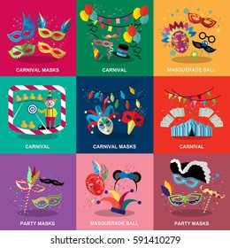 Carnival flat design set,vector illustration.Masquerade ball concept,photo booth party and funfair.Collection of color mask,smiling lips and confetti.For poster,placard,wallpaper,backdrop and web site