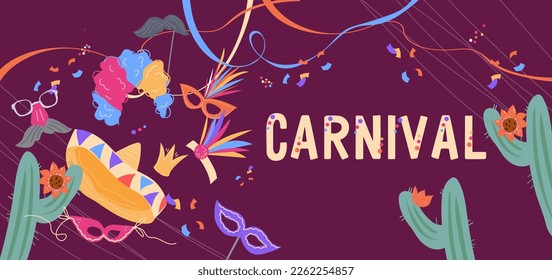 Volante de carnaval o fondo de banner con elementos coloridos y lugar para el texto. Diseño de afiches de carnaval y festival o de invitación, ilustración vectorial plana.