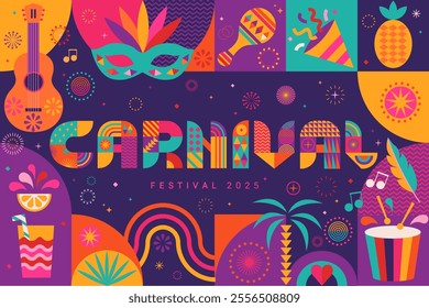 Carnival flyer for festival 2025.Banner,invitation for holiday.Party card to carnaval,mardi gras,masquerade, parade with fireworks and symbols of holiday. Template for design flyer, web,poster. Vector