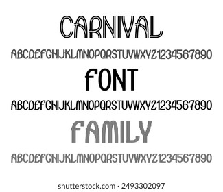 Carnival font family. Alphabets and numbers in three similar styles.