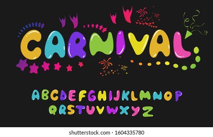 Carnival font. Happy festive concept with musical, Brazilian carnival background with colorful confetti Celebration,