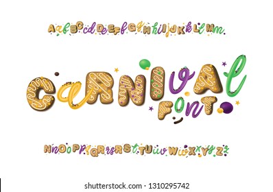 Carnival Font. Mardi gras alphabet isolated on white background. Tempting Typography. Donut abc set. Dessert Lettering. Frozen type. Vector illustration. 