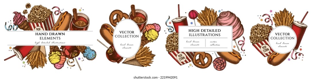 Carnival food hand drawn frame templates. Vintage illustrations of french fries, pretzel, popcorn, lemonade, hot dog, mulled wine, caramel apple, cotton candy, ice cream cones, lollipop, ribbons.