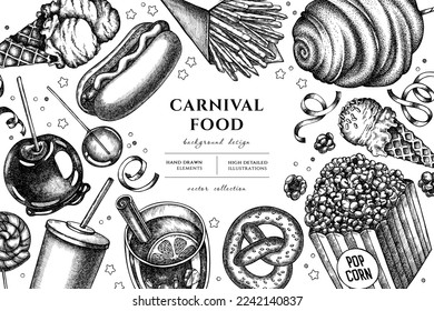 Carnival food hand drawn illustration design. Background with sketch french fries, pretzel, popcorn, lemonade, hot dog, mulled wine, caramel apple, cotton candy, ice cream cones, lollipop, ribbons.