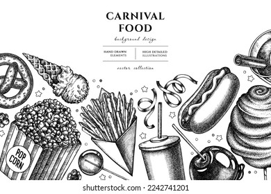 Carnival food hand drawn illustration design. Background with sketch french fries, pretzel, popcorn, lemonade, hot dog, mulled wine, caramel apple, cotton candy, ice cream cones, lollipop, ribbons.