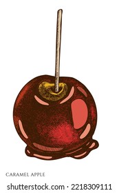 Carnival food hand drawn vector illustrations collection. Colored caramel apple.