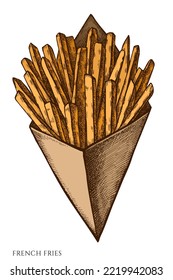 Carnival food hand drawn vector illustrations collection. Colored french fries.