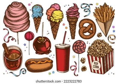 Carnival food hand drawn vector illustrations collection. Colored french fries, pretzel, popcorn, lemonade, hot dog, mulled wine, caramel apple, cotton candy, ice cream cones, lollipop, ribbons.