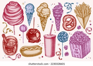 Carnival food hand drawn vector illustrations collection. Stylized french fries, pretzel, popcorn, lemonade, hot dog, mulled wine, caramel apple, cotton candy, ice cream cones, lollipop, ribbons.