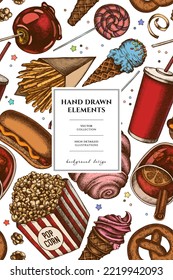 Carnival food pattern card design. Hand drawn french fries, pretzel, popcorn, lemonade, hot dog, mulled wine, caramel apple, cotton candy, ice cream cones, lollipop, ribbons.