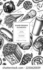 Carnival food pattern card design. Hand drawn french fries, pretzel, popcorn, lemonade, hot dog, mulled wine, caramel apple, cotton candy, ice cream cones, lollipop, ribbons.