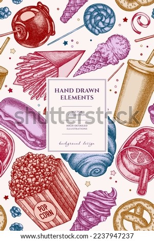 Carnival food pattern card design. Hand drawn french fries, pretzel, popcorn, lemonade, hot dog, mulled wine, caramel apple, cotton candy, ice cream cones, lollipop, ribbons.