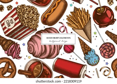 Carnival food seamless pattern background design. Engraved style. Hand drawn french fries, pretzel, popcorn, lemonade, hot dog, mulled wine, caramel apple, cotton candy, ice cream cones, lollipop