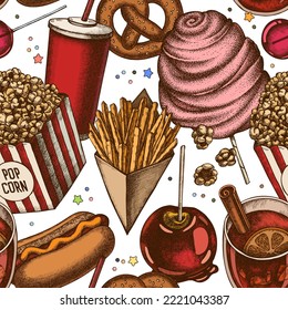 Carnival food seamless pattern background design. Engraved style. Hand drawn french fries, pretzel, popcorn, lemonade, hot dog, mulled wine, caramel apple, cotton candy, lollipop.