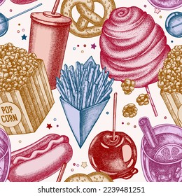 Carnival food seamless pattern background design. Engraved style. Hand drawn french fries, pretzel, popcorn, lemonade, hot dog, mulled wine, caramel apple, cotton candy, lollipop.