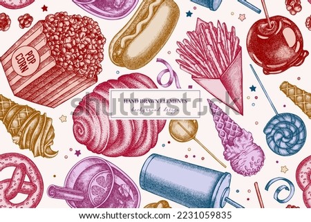 Carnival food seamless pattern background design. Engraved style. Hand drawn french fries, pretzel, popcorn, lemonade, hot dog, mulled wine, caramel apple, cotton candy, ice cream cones, lollipop