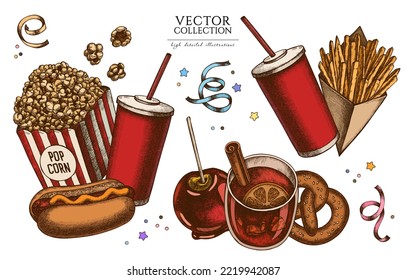 Carnival food vintage illustrations collection. Hand drawn logo designs with french fries, pretzel, popcorn, lemonade, hot dog, mulled wine, caramel apple, ribbons.