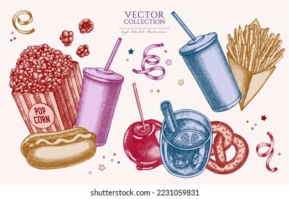 Colección de ilustraciones de la cosecha culinaria del Carnaval. Diseños de logo dibujados a mano con patatas fritas, pretzel, palomitas de maíz, limonada, perritos calientes, vino a la parrilla, manzana caramelo, cintas.