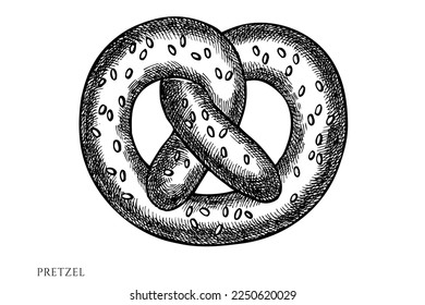 Carnival food vintage vector illustrations collection. Black and white pretzel.