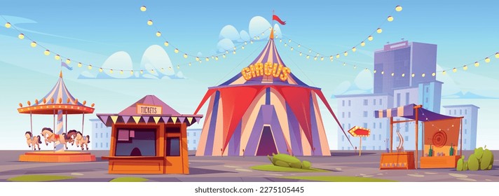 Carnival fun fair, amusement park with circus tent, carousel and shooting game booth. Summer city landscape with funfair and ticket kiosk, vector cartoon illustration